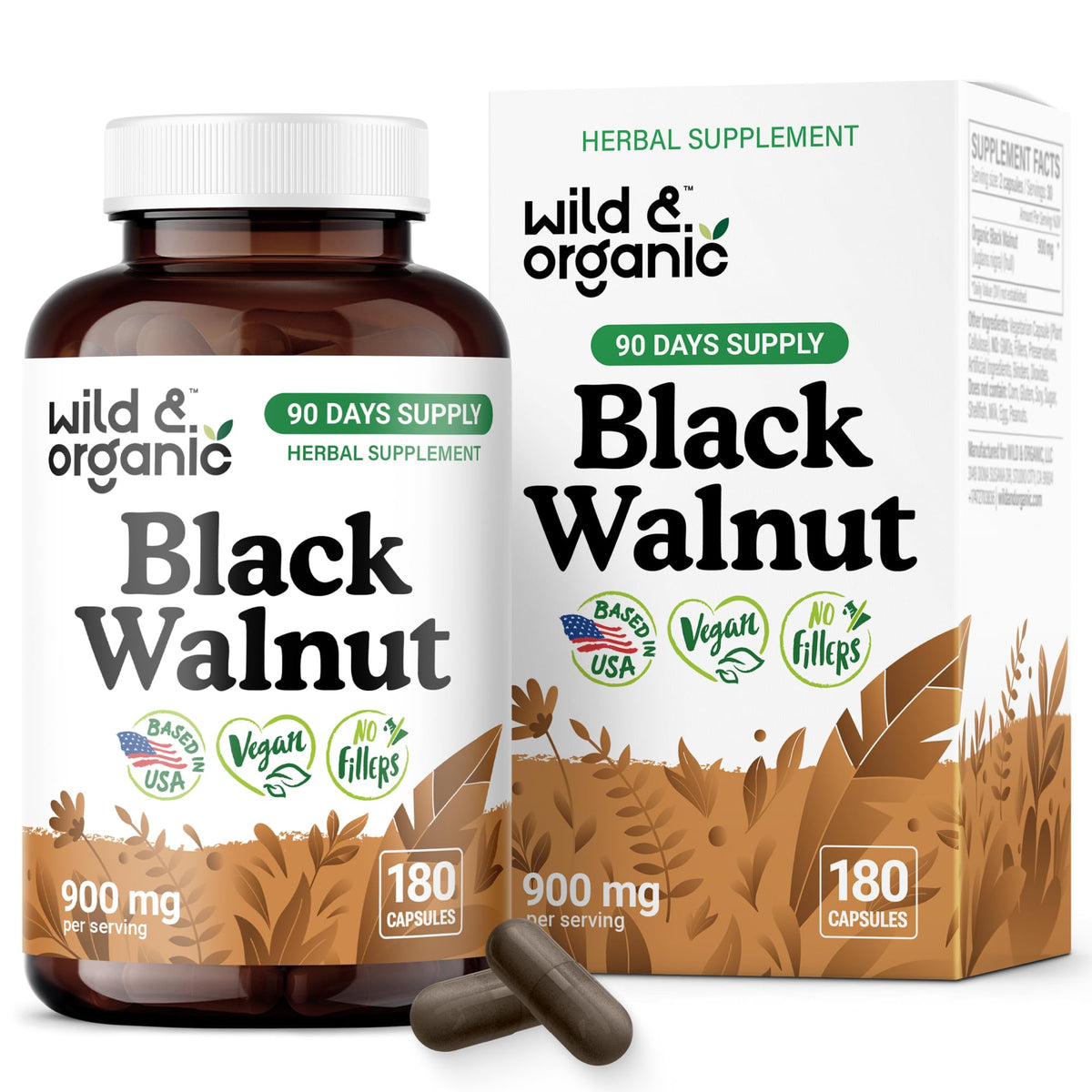 Wild and Organic Black Walnut Hull Capsules bottle front for detox-friendly daily routine