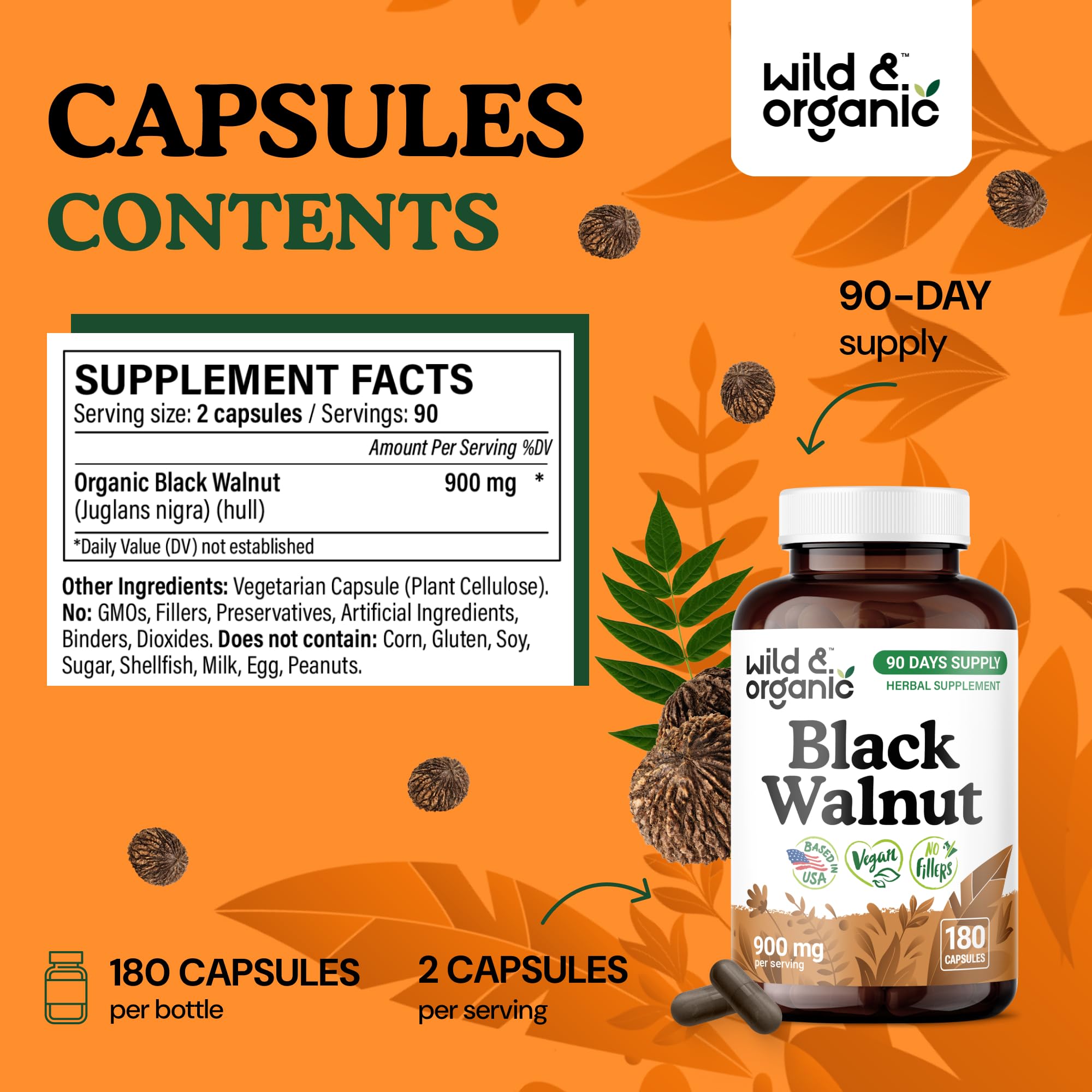 Wild and Organic capsules close-up emphasizes 900 mg per serving