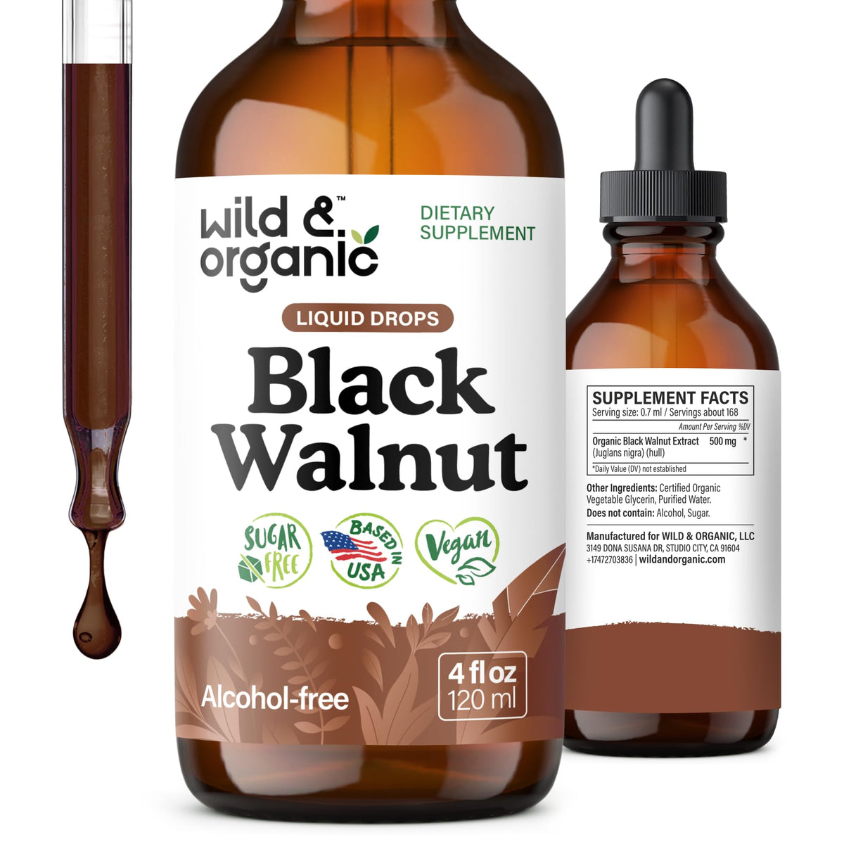 Wild & Organic Black Walnut Tincture bottle on counter for detox support