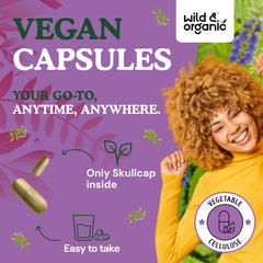 Wild & Organic bottle close-up emphasizing 180 capsules and a 3-month supply.