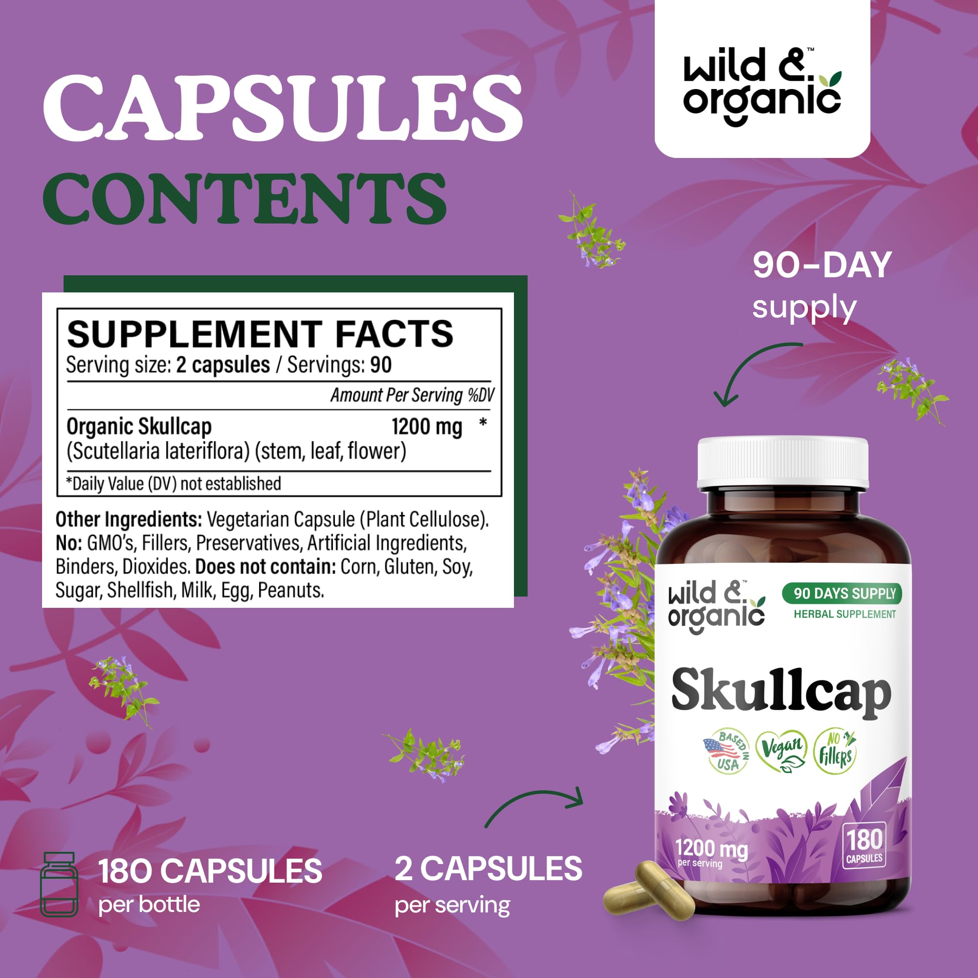 Wild & Organic capsule pour demonstrating easy-to-swallow, plant-based coating for daily use.