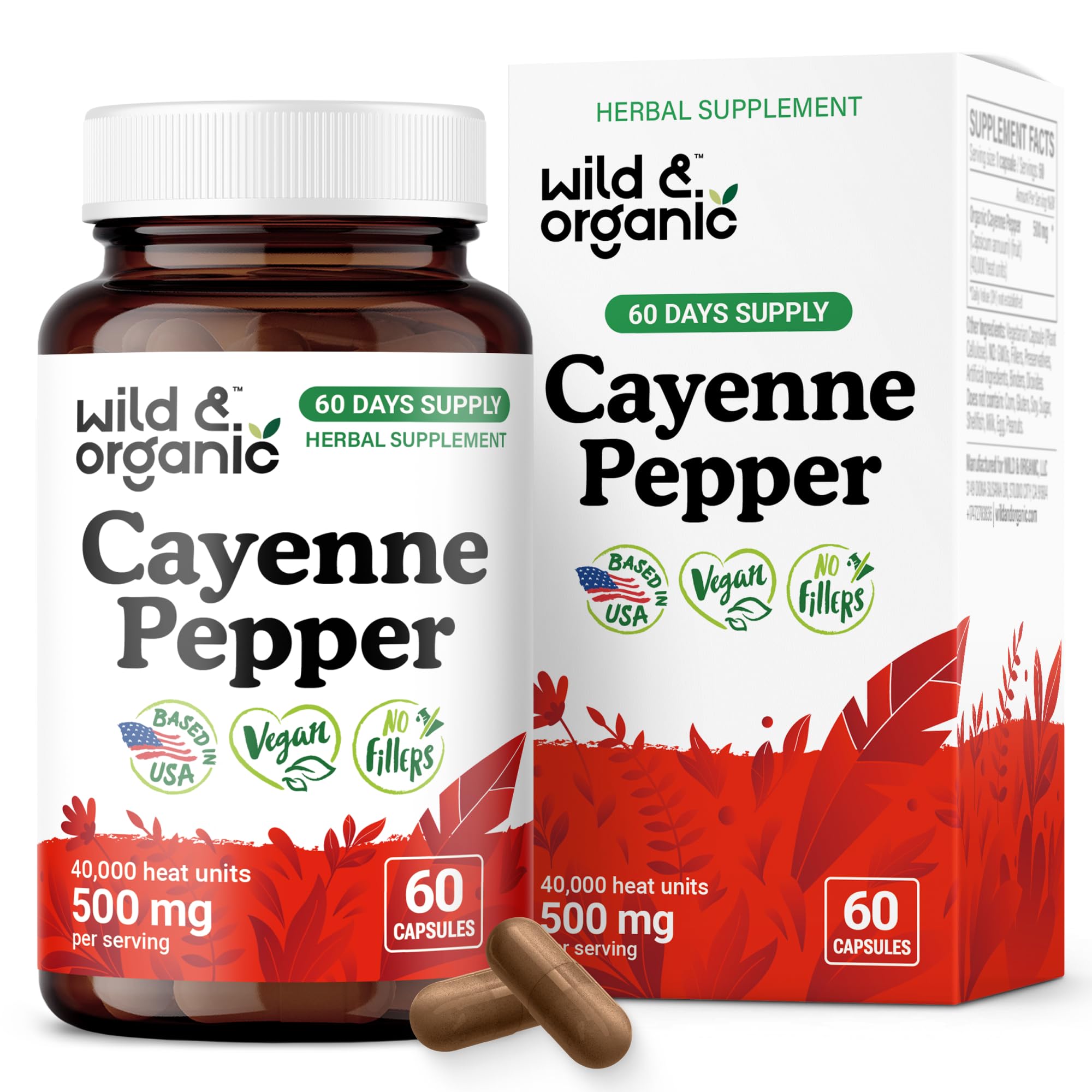 Wild & Organic Cayenne Capsules bottle front, 500 mg capsaicin-rich formula for digestive comfort