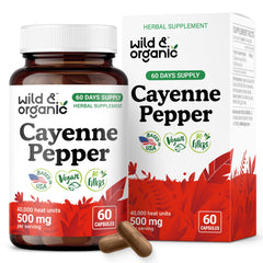Wild & Organic Cayenne Capsules bottle front, 500 mg capsaicin-rich formula for digestive comfort