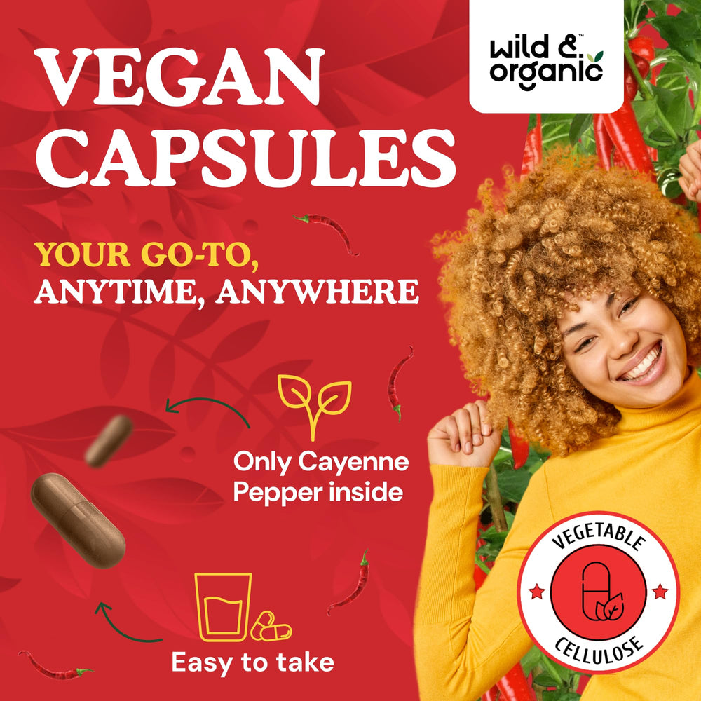 Wild & Organic Cayenne Capsules capsules out of bottle, smooth easy-to-take design