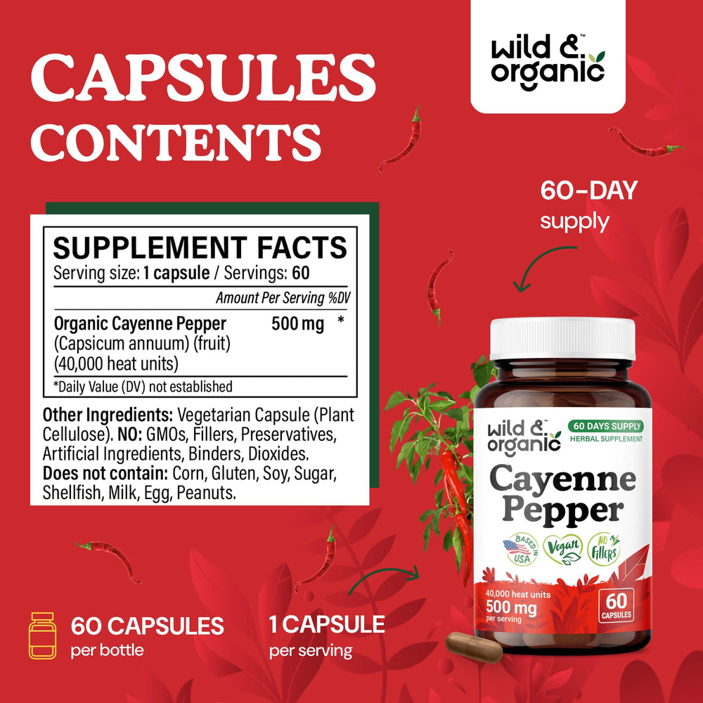 Wild & Organic Cayenne Capsules label closeup, no fillers or artificial additives