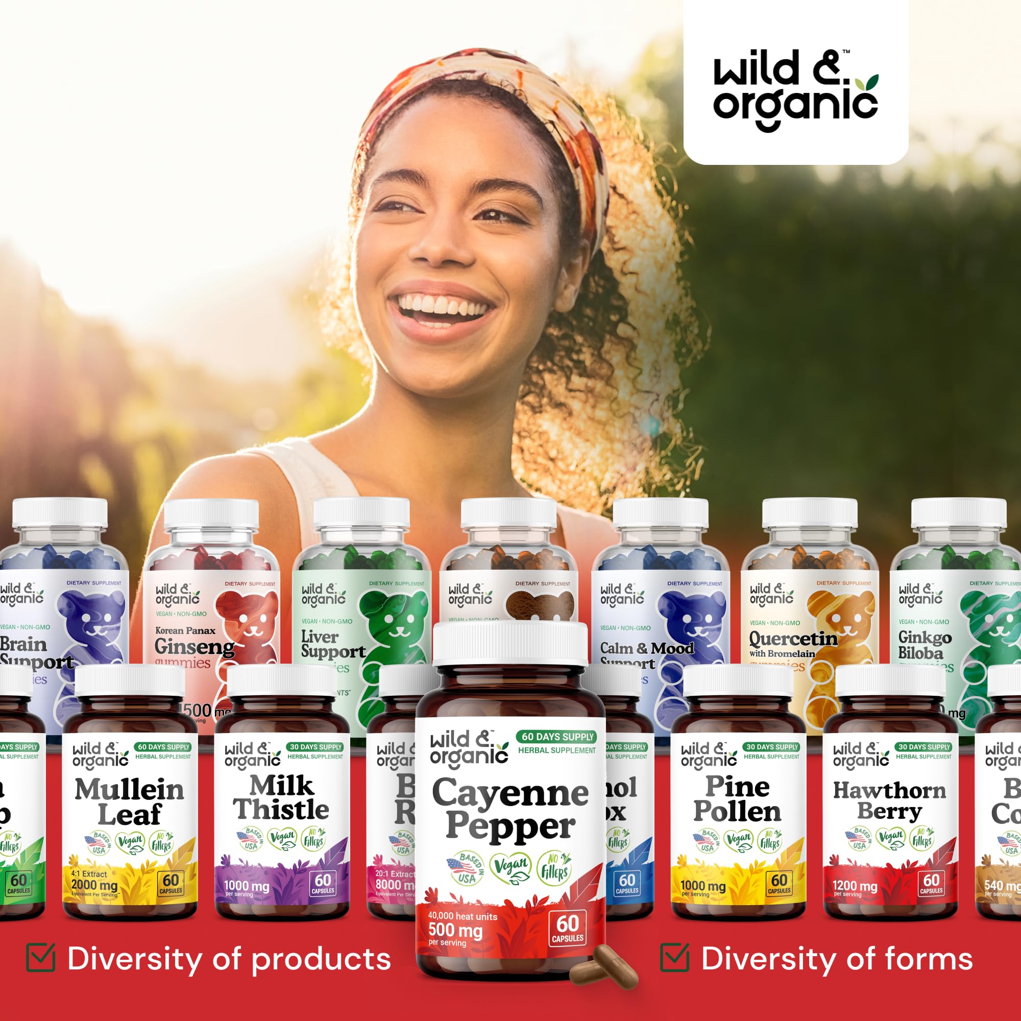 Wild & Organic Cayenne Capsules packaging scene, 60-day supply highlighted