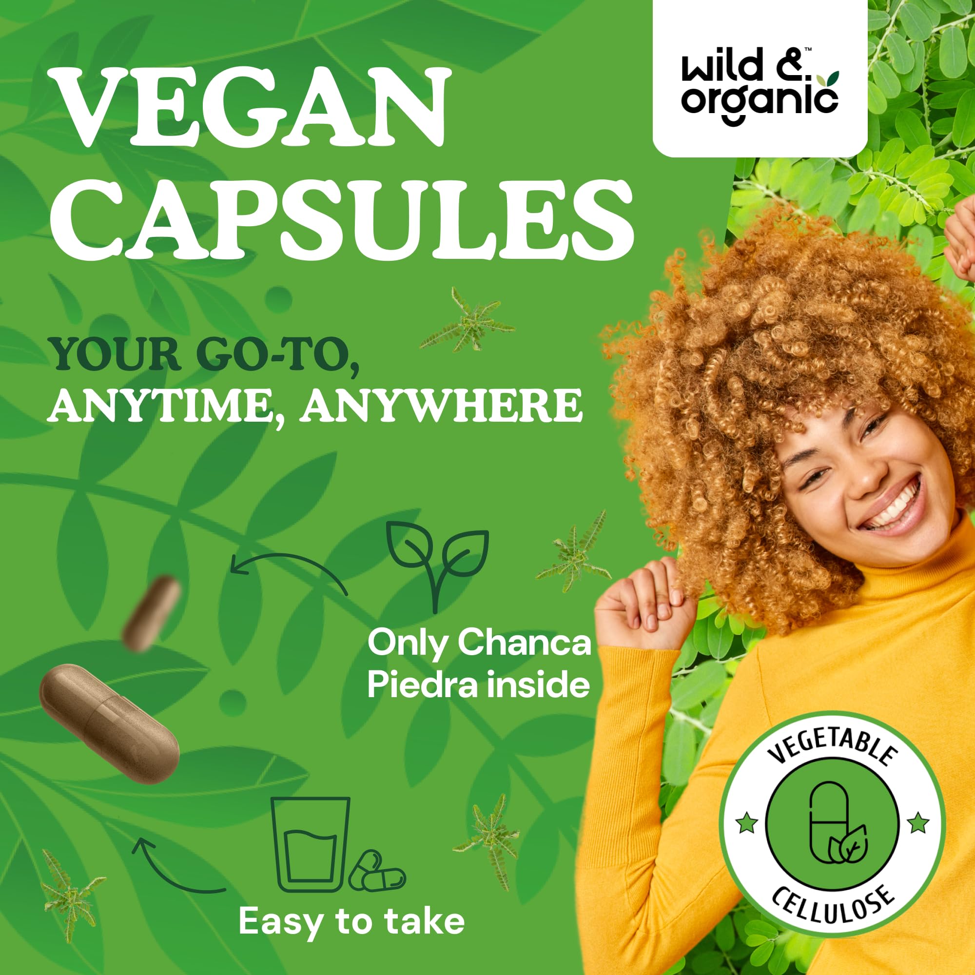Wild & Organic Chanca Piedra bottle label—vegan coating and clean-label promise.