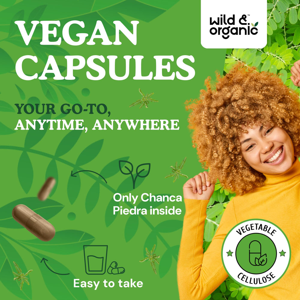 Wild & Organic Chanca Piedra bottle label—vegan coating and clean-label promise.