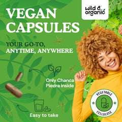 Wild & Organic Chanca Piedra bottle label—vegan coating and clean-label promise.