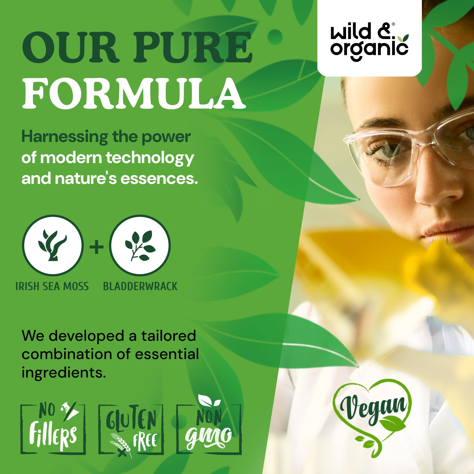 Wild and Organic two-capsule daily use pictured, showcasing a 90-day routine.