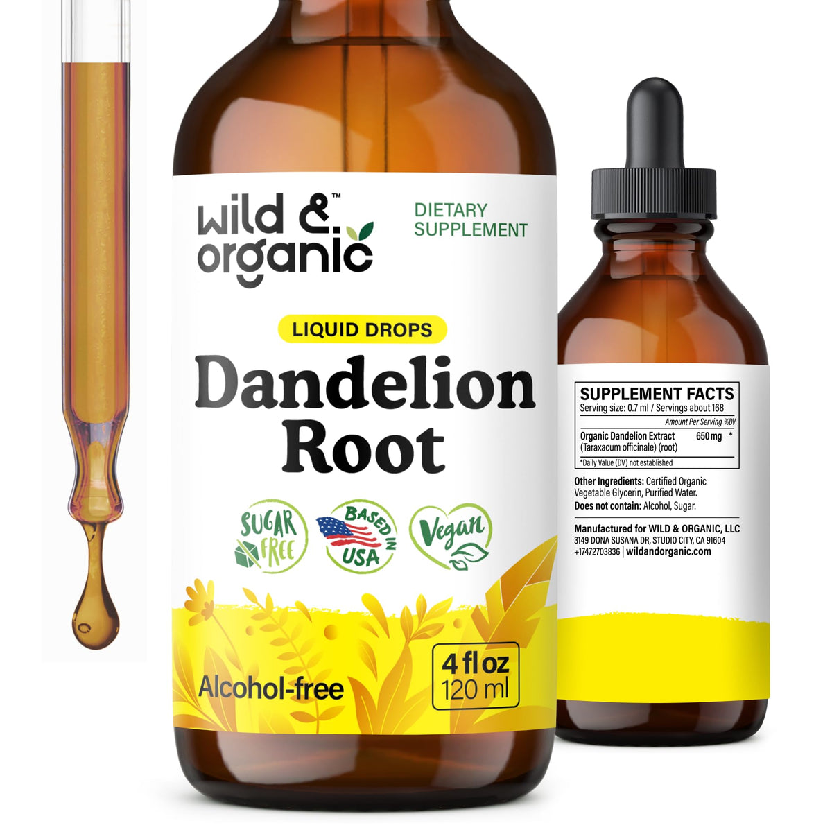 Wild & Organic Dandelion Root Drops bottle front for daily liver support
