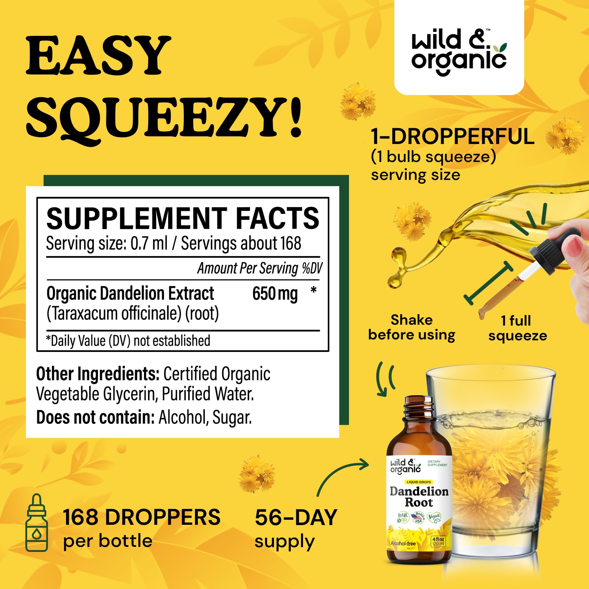 Wild & Organic Dandelion Root Drops bottle label highlights vegan, sugar-free formula