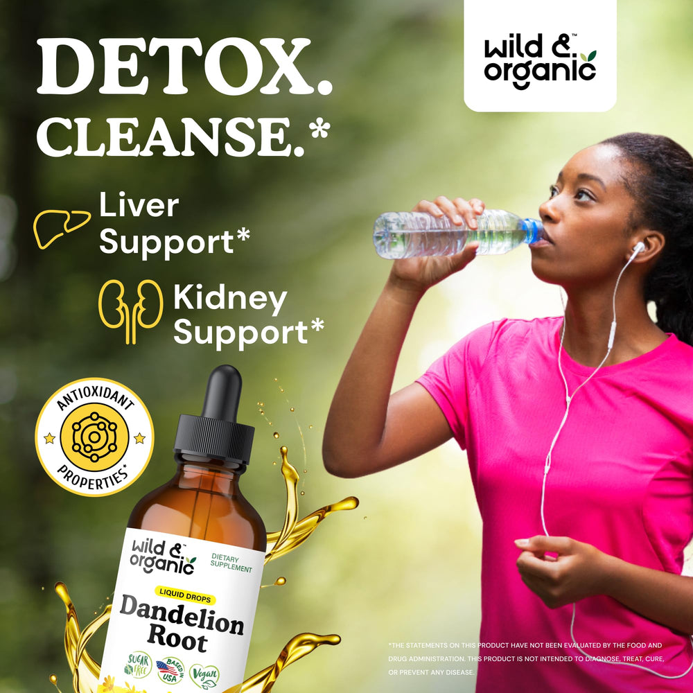 Wild & Organic Dandelion Root Drops bottle pour showing easy dosage