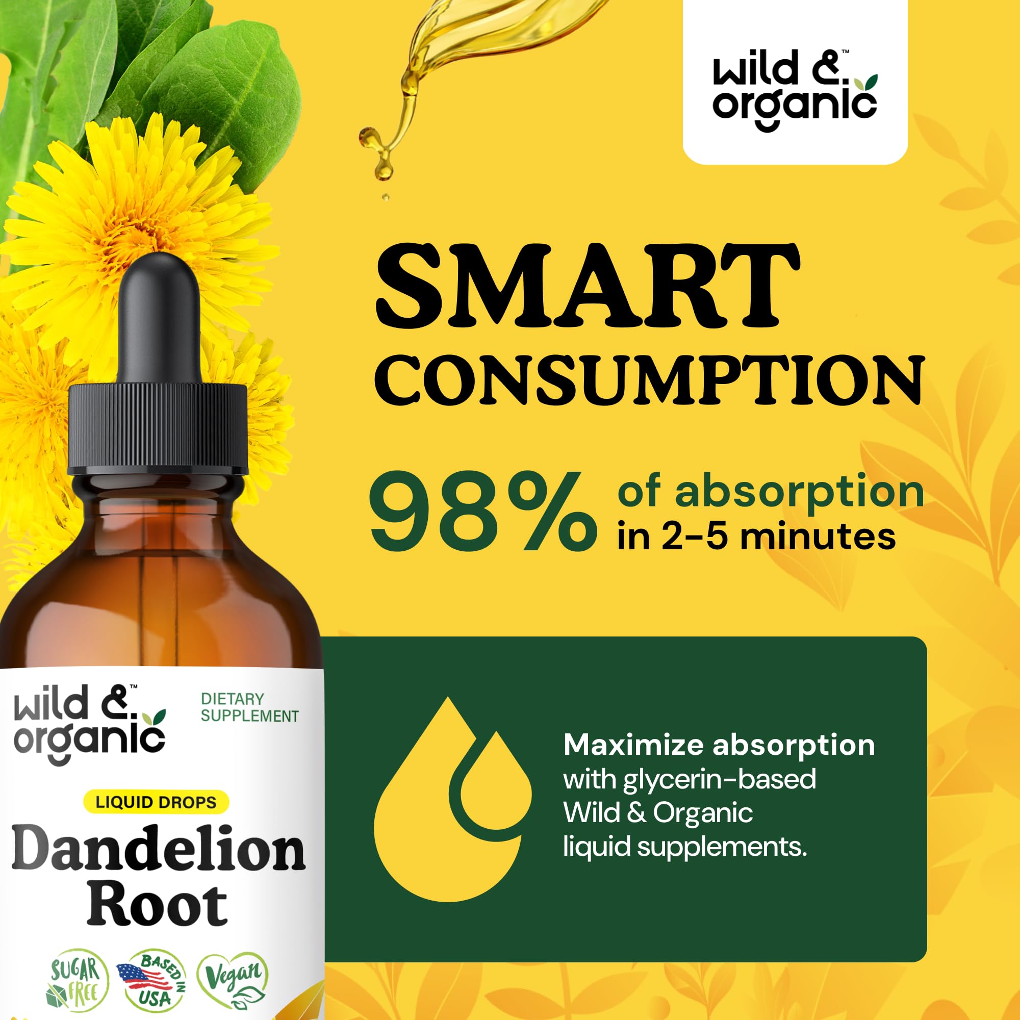 Wild & Organic Dandelion Root Drops dropper close-up with glycerin-based sweetness
