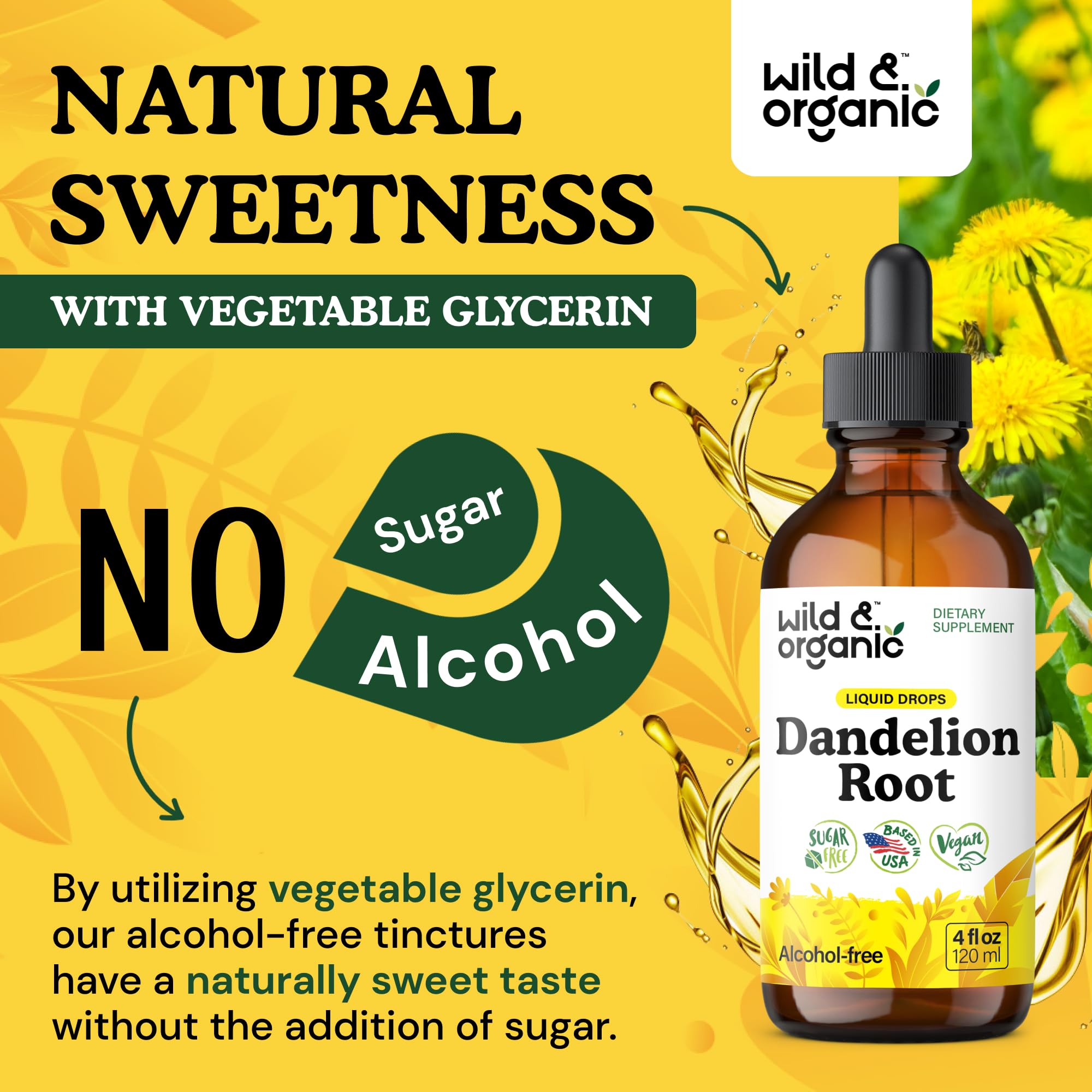 Wild & Organic Dandelion Root Drops ingredients with vegan glycerin base