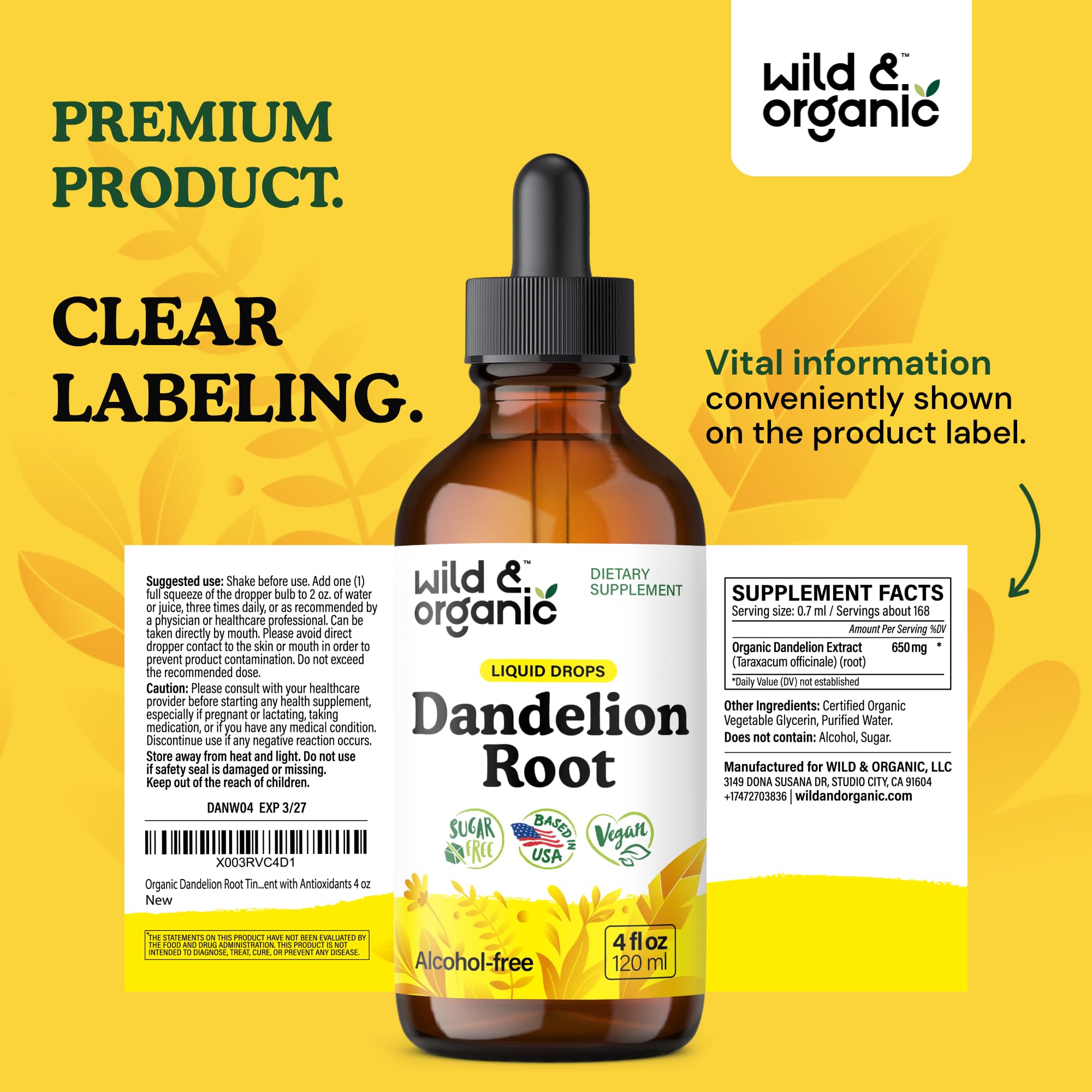 Wild & Organic Dandelion Root Drops packaging and shelf life details