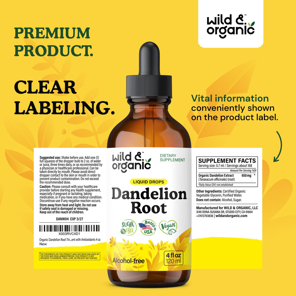 Wild & Organic Dandelion Root Drops packaging and shelf life details