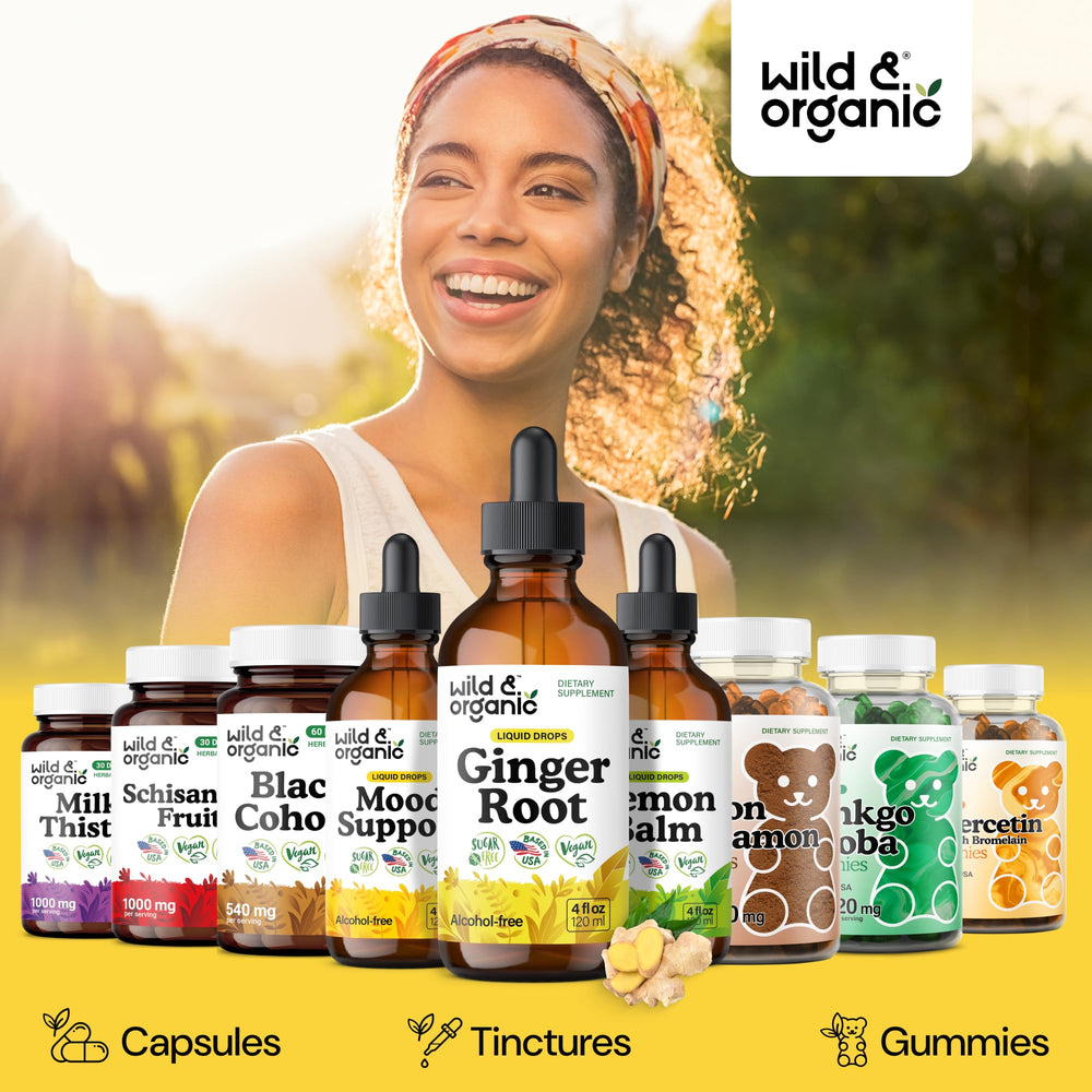 Front label of Wild & Organic ginger drops with 500 mg per serving.