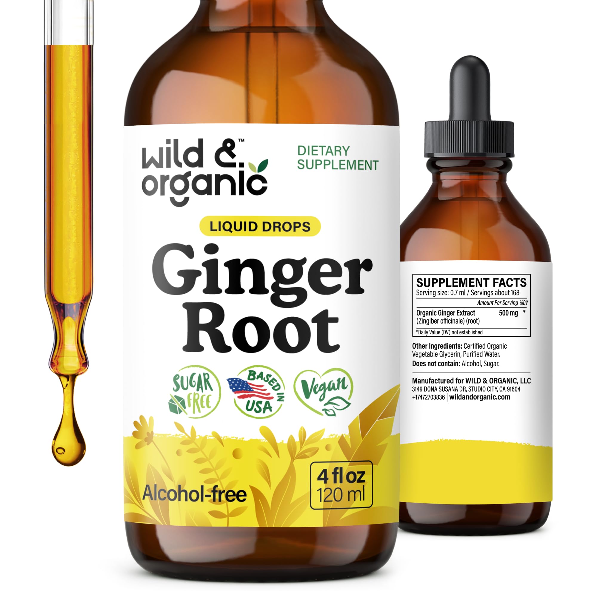Wild & Organic Ginger Root Extract Drops bottle showing vegan, alcohol-free tincture.