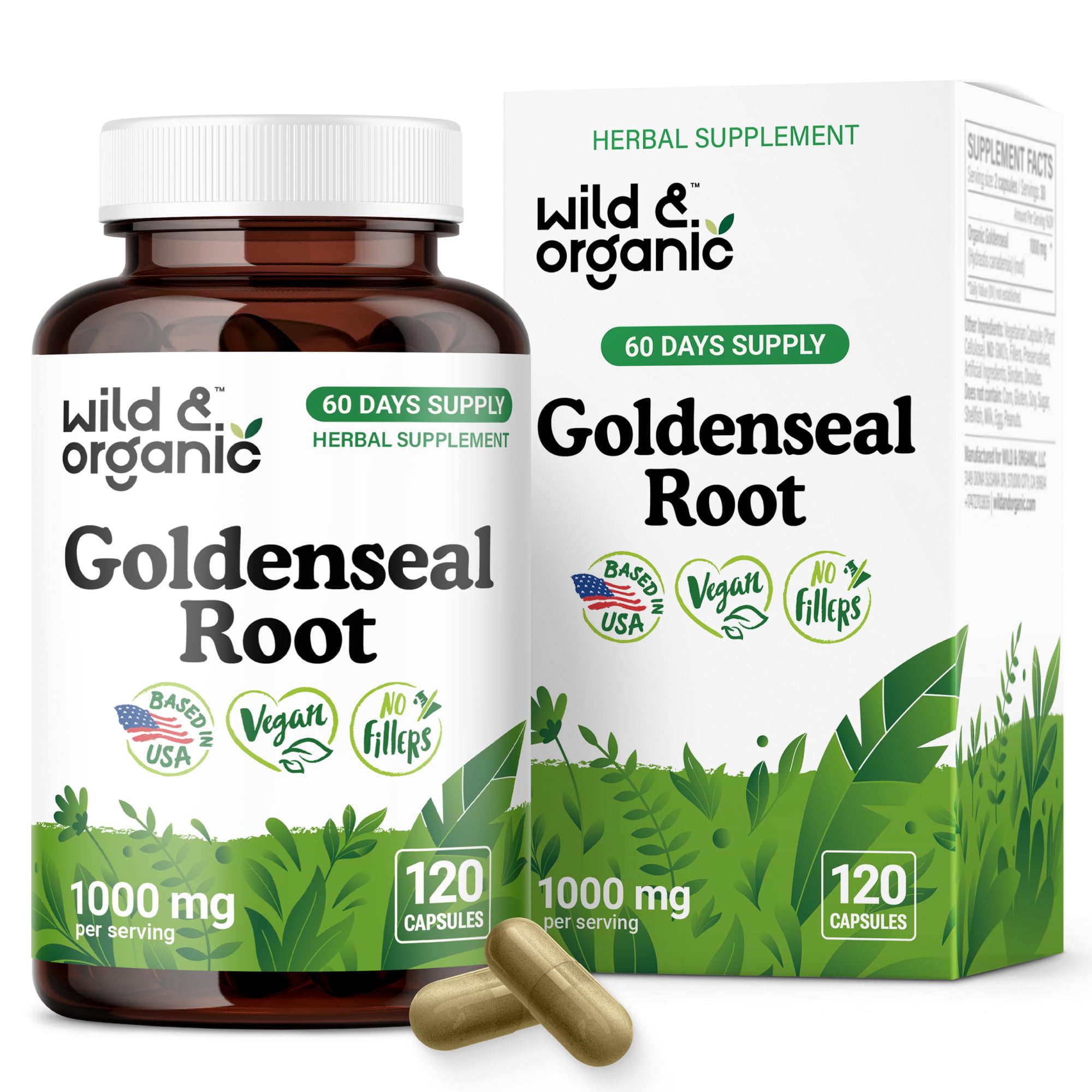 Wild & Organic Goldenseal Root capsules bottle front promotes immune and respiratory wellness