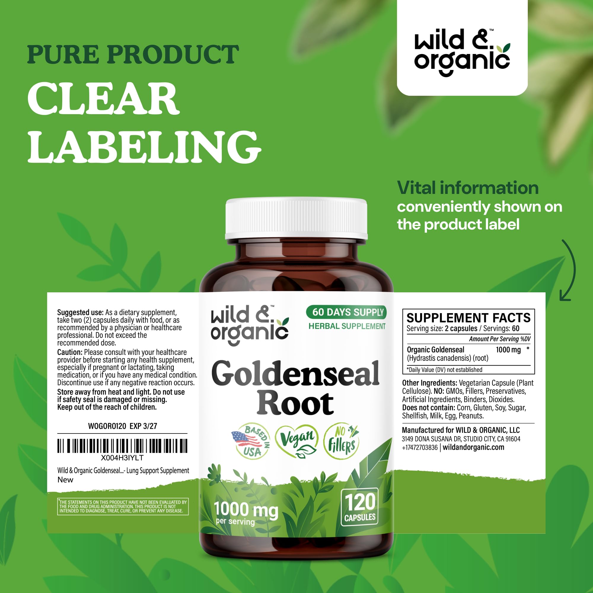 Wild & Organic Goldenseal Root capsules enable a simple daily routine with water