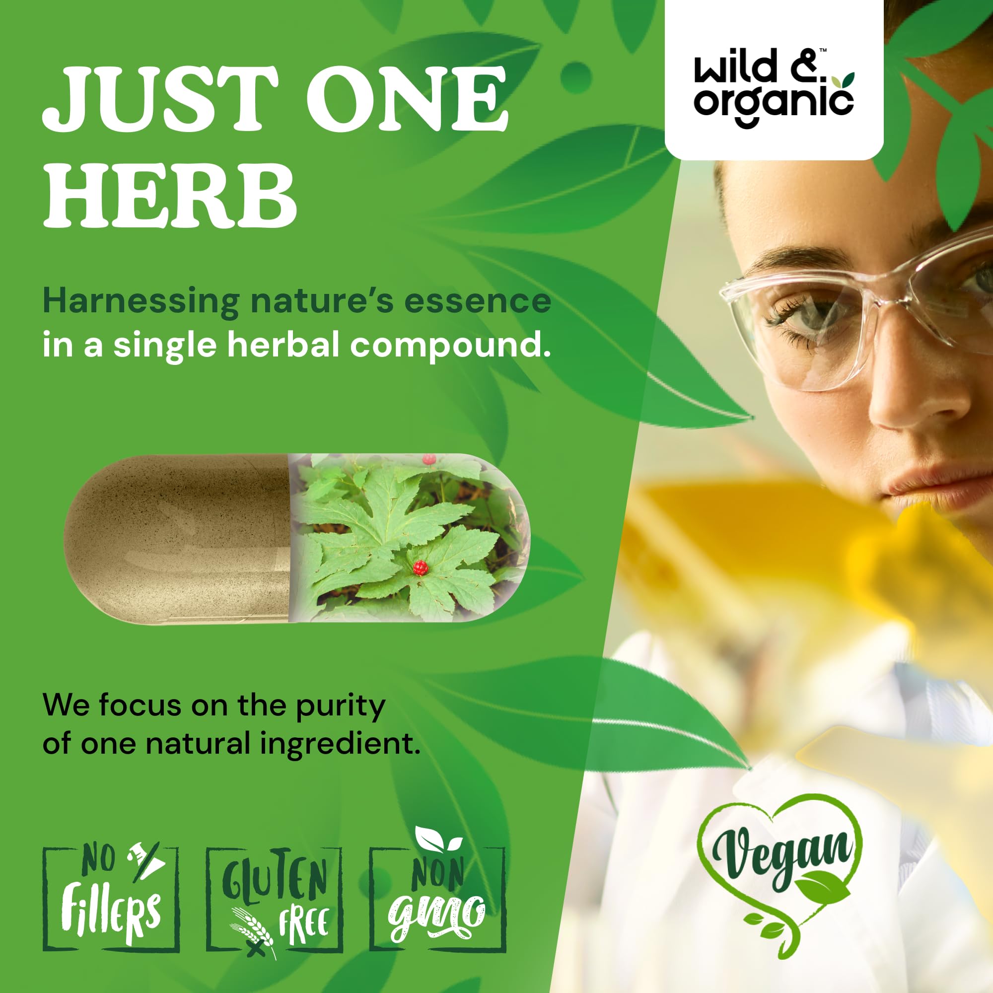 Wild & Organic Goldenseal Root plant visual emphasizes plant-based ingredients