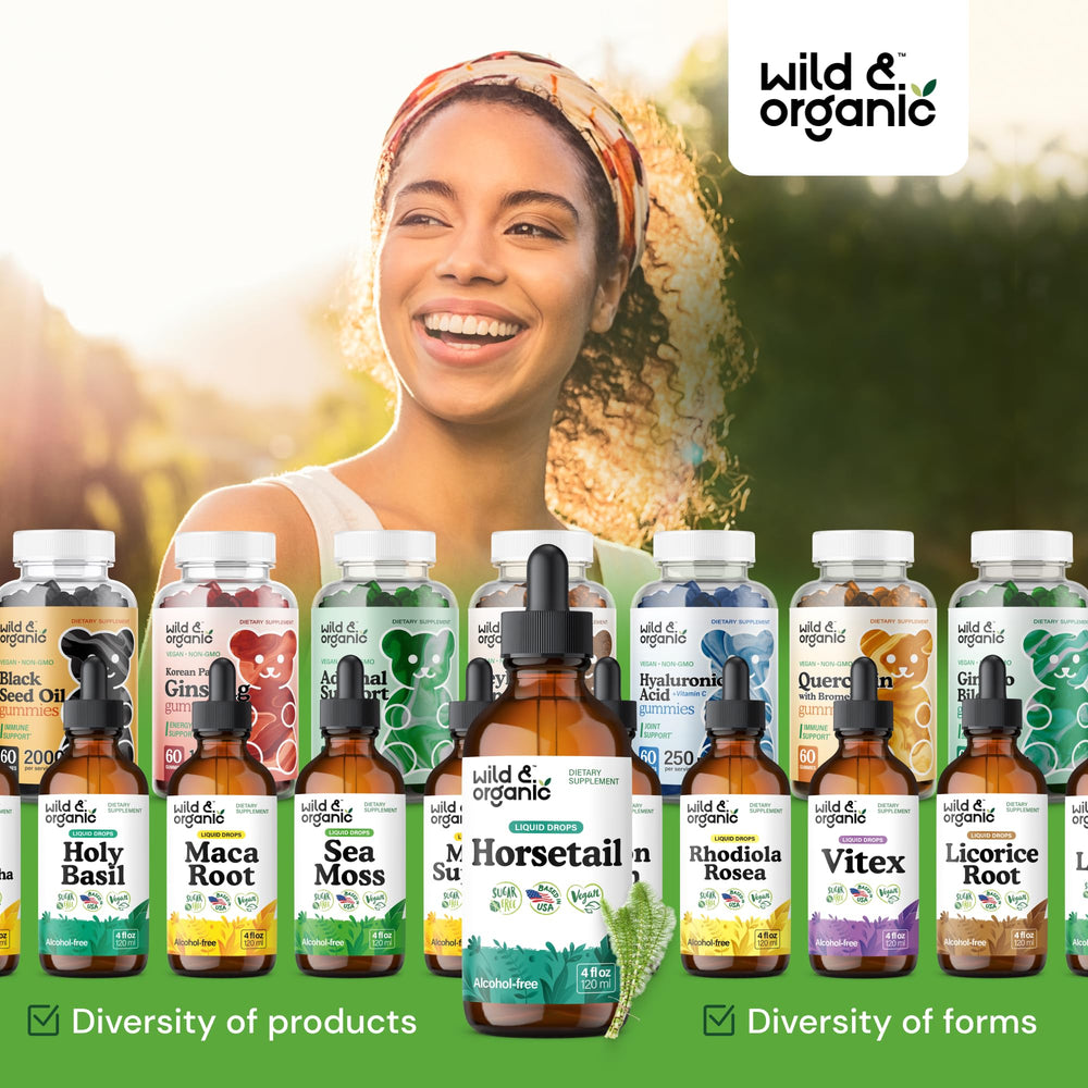Wild & Organic horsetail tincture bottle with dropper for daily use