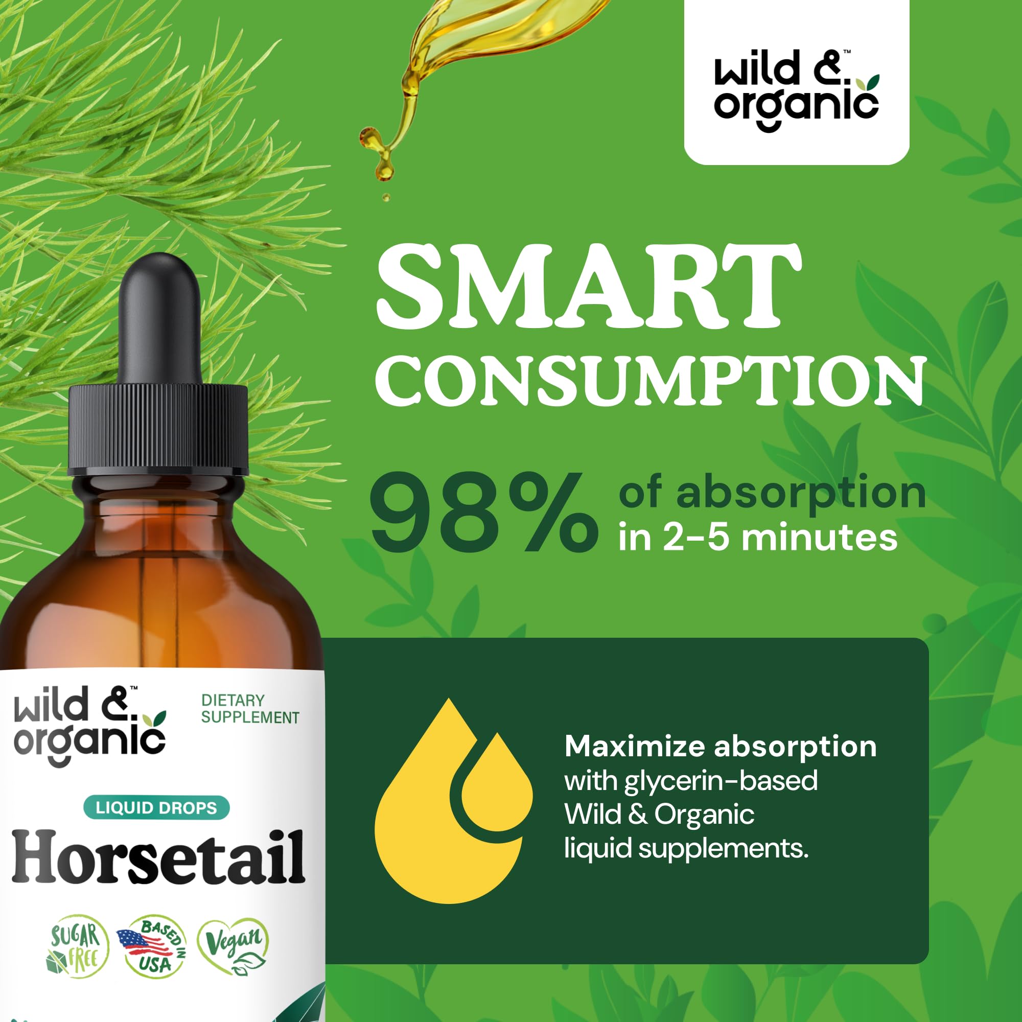 Wild & Organic horsetail leaves close-up emphasizes natural herbal source for vitality