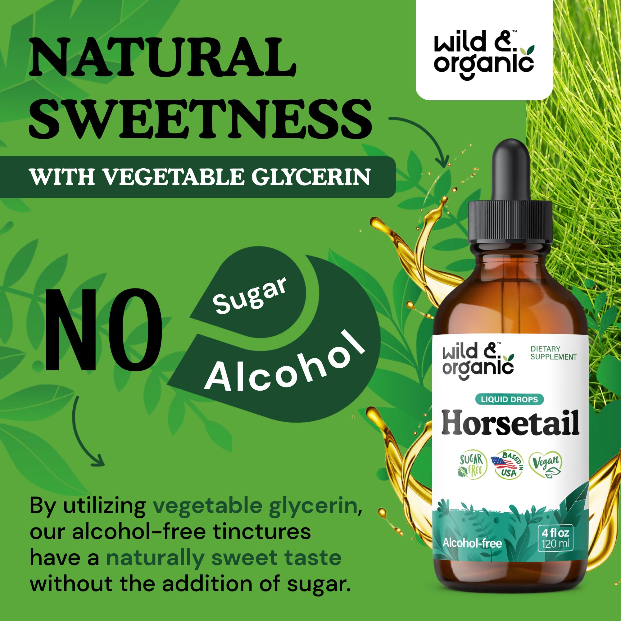 Wild & Organic horsetail tincture packaging box featured on wood surface