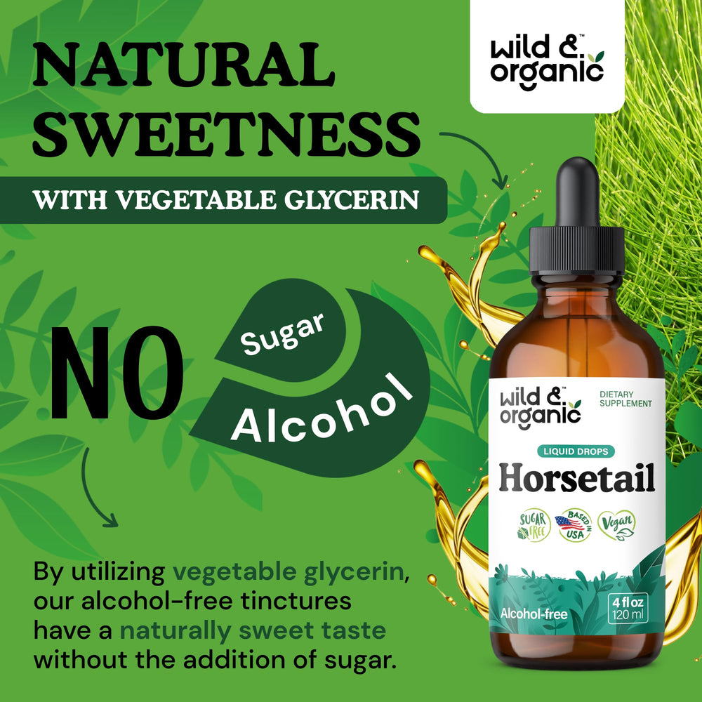 Wild & Organic horsetail tincture packaging box featured on wood surface