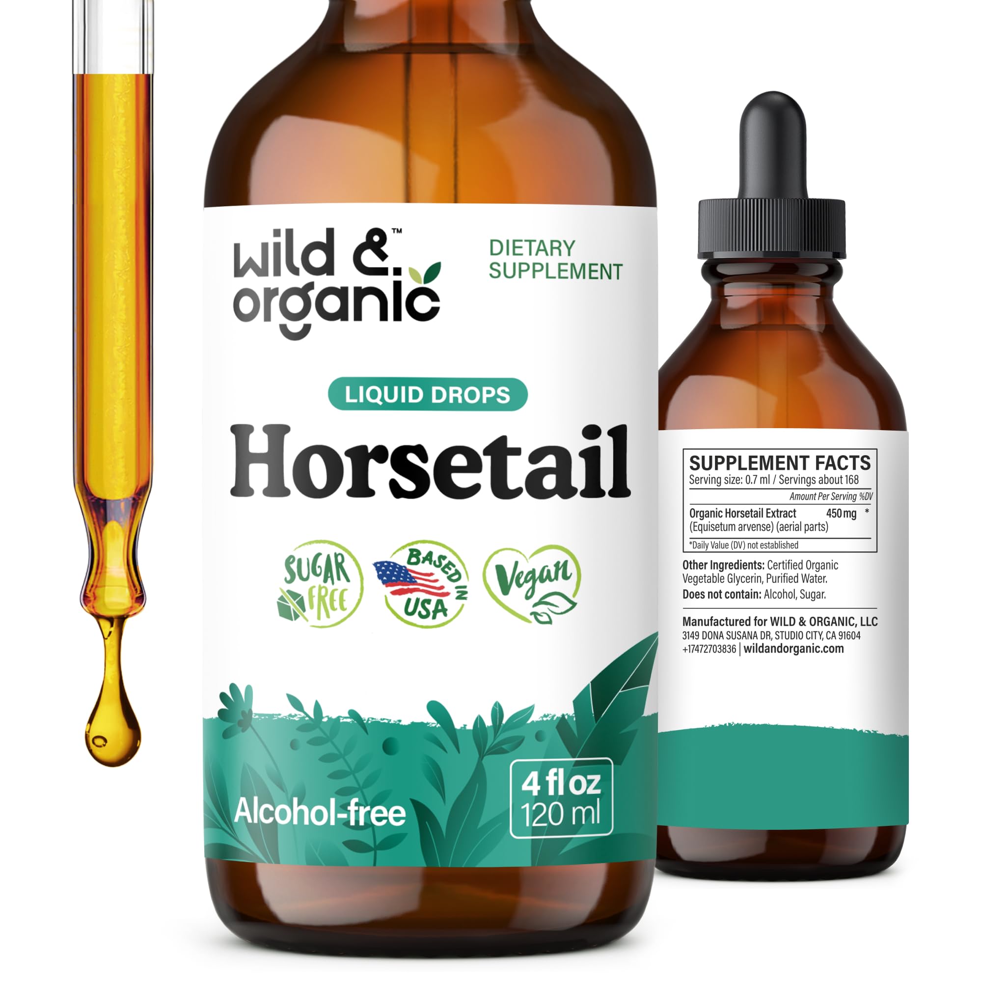 Wild & Organic horsetail tincture bottle for daily hair, skin, and nails support