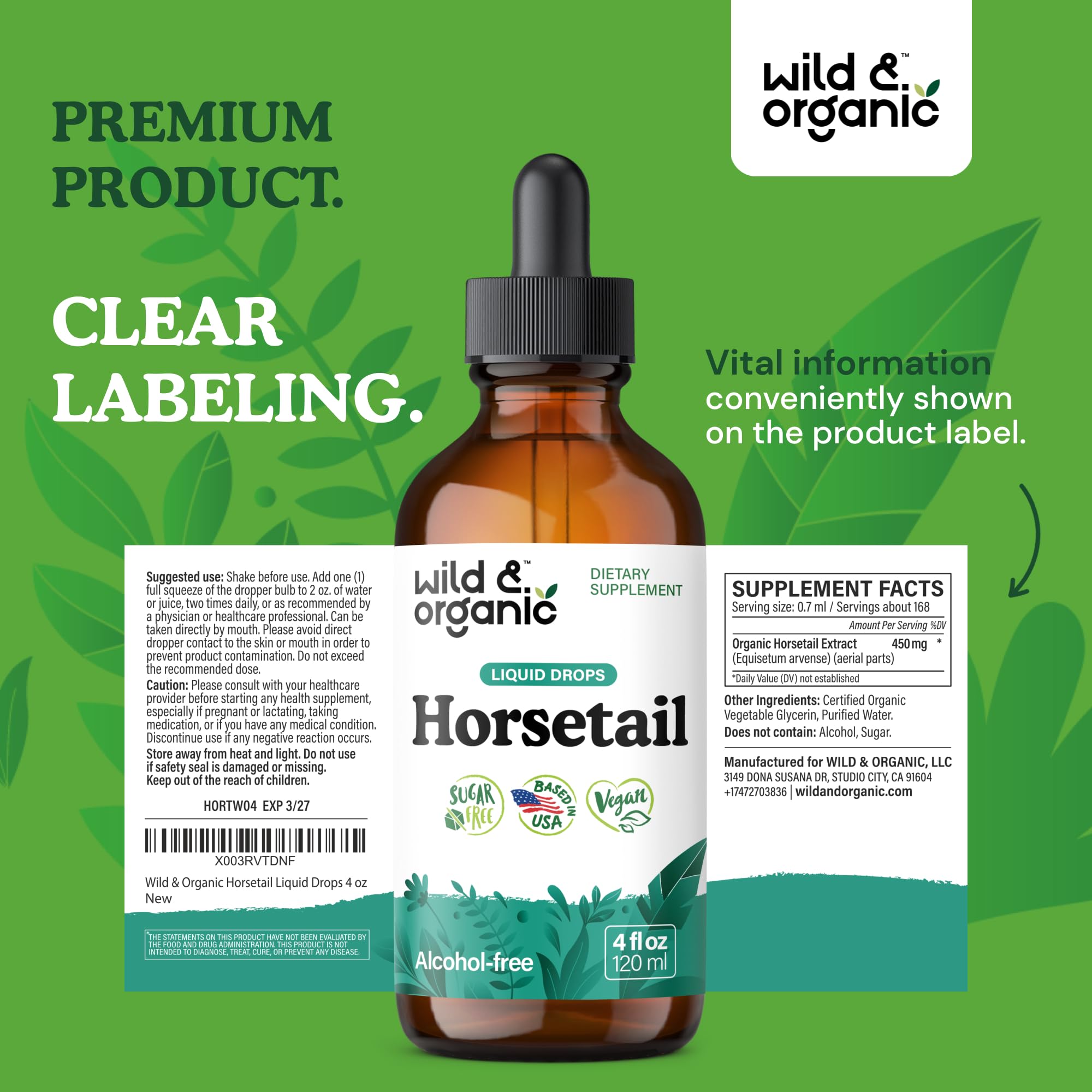Wild & Organic horsetail tincture on countertop for daily routine