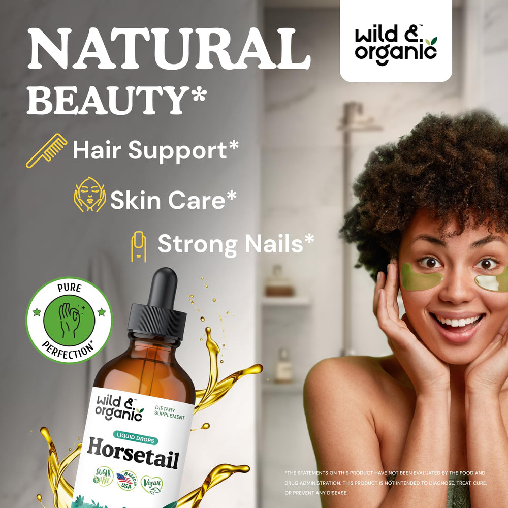 Wild & Organic horsetail tincture dropper enables precise daily dosing for hair support