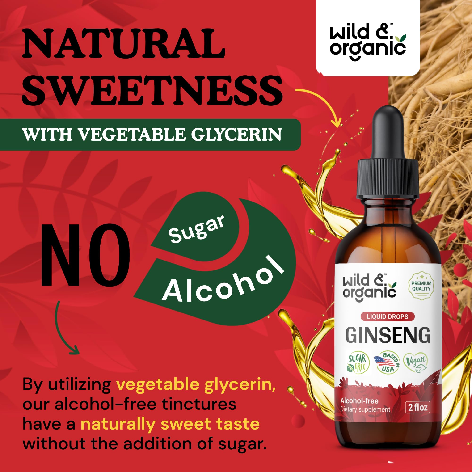 Wild & Organic Korean Red Ginseng Drops liquid texture in clear bottle