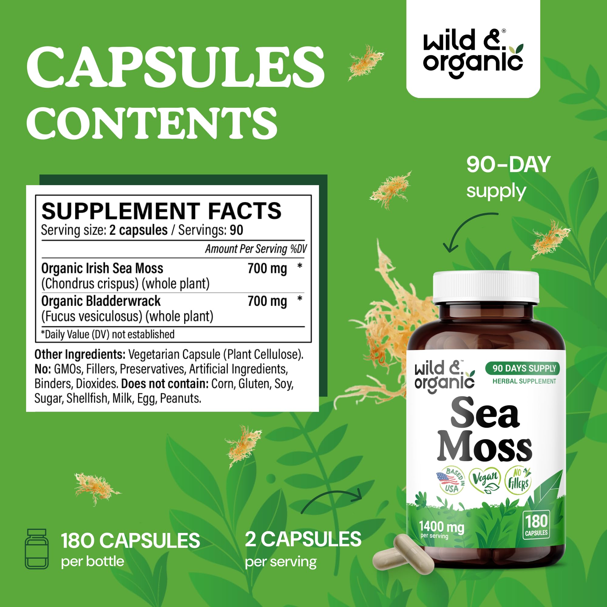 Wild and Organic label and ingredients detail Irish sea moss and bladderwrack blend.