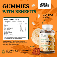 Banana-flavored Wild & Organic Lions Mane Gummies on a clean surface.
