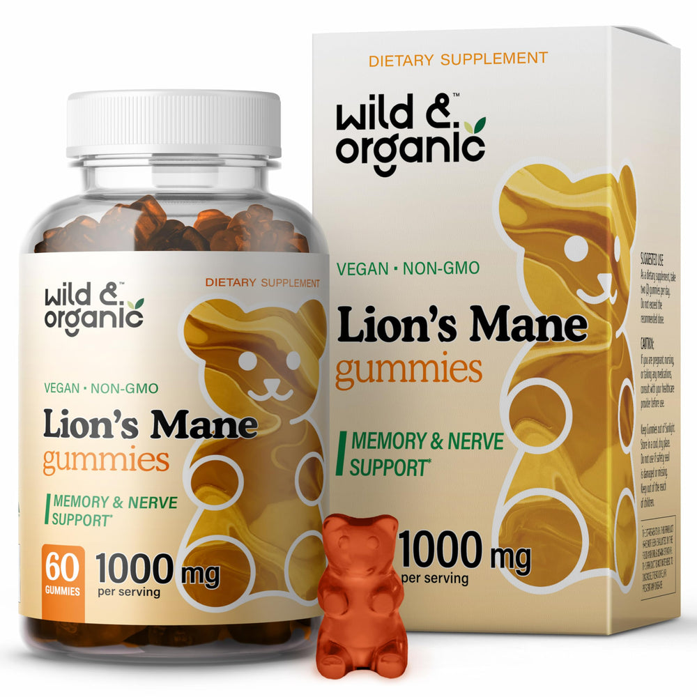 Wild & Organic Lions Mane Gummies bottle for daily focus and energy.
