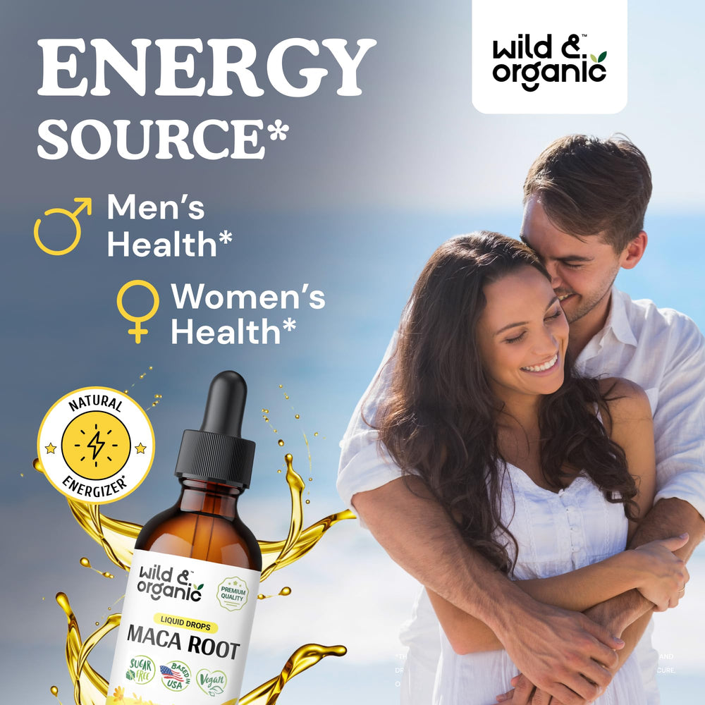 Wild & Organic Maca Root Drops bottle closeup highlights vegan, alcohol-free tincture