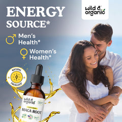 Wild & Organic Maca Root Drops bottle closeup highlights vegan, alcohol-free tincture