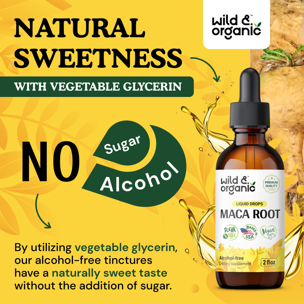 Wild & Organic Maca Root Drops glass serving demonstrates convenient daily intake