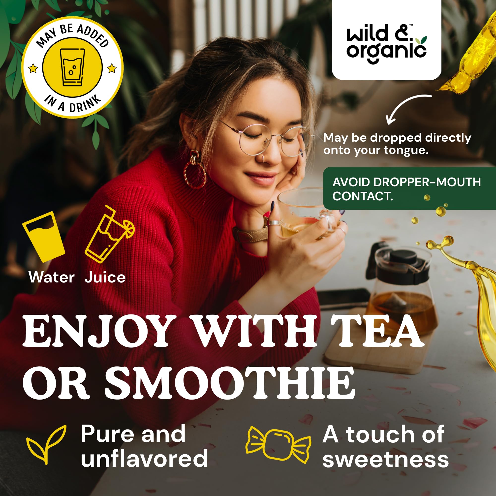 Wild & Organic Maca Root Drops ingredients icons panel communicates vegan and sugar-free features