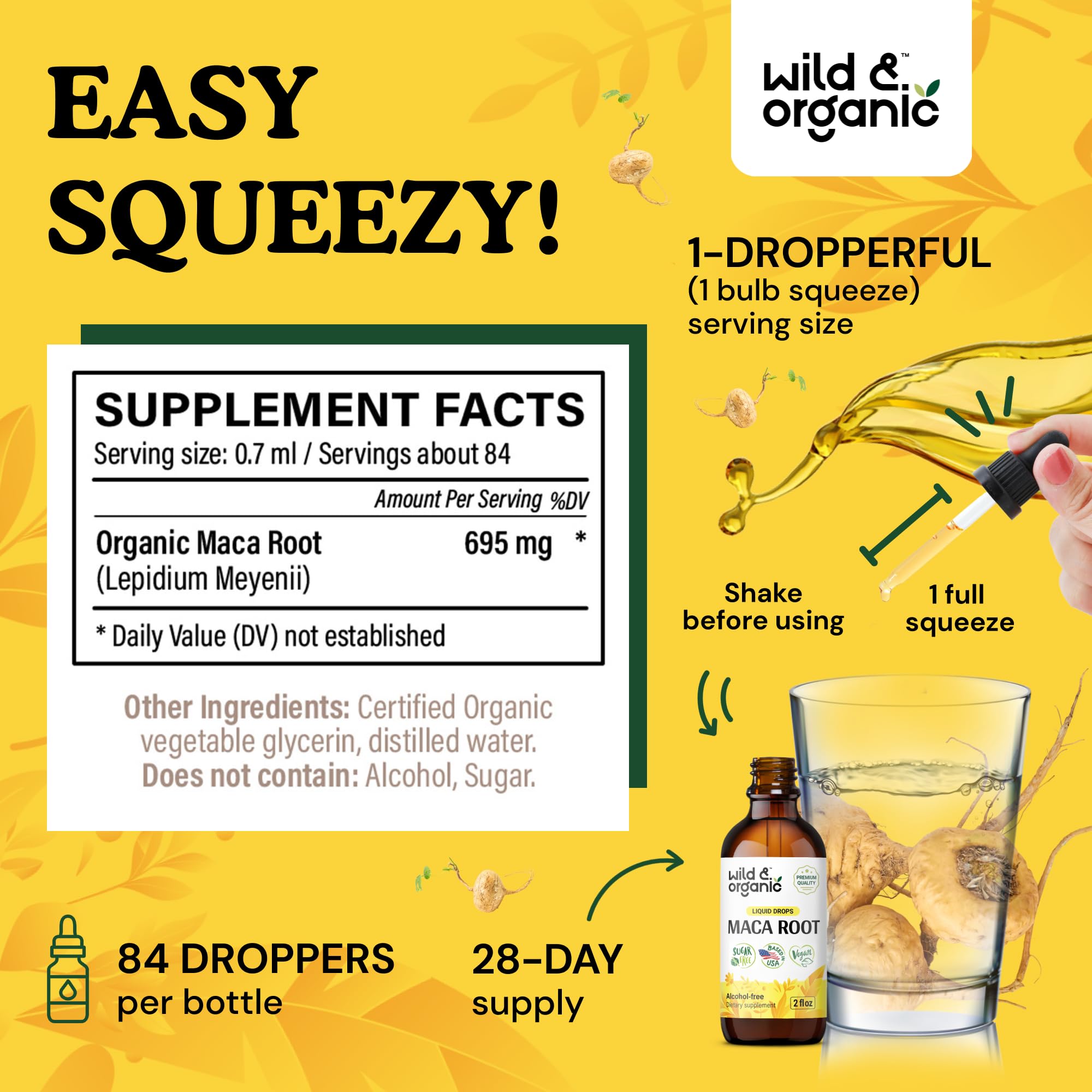Wild & Organic Maca Root Drops label view emphasizes GMO-free ingredients