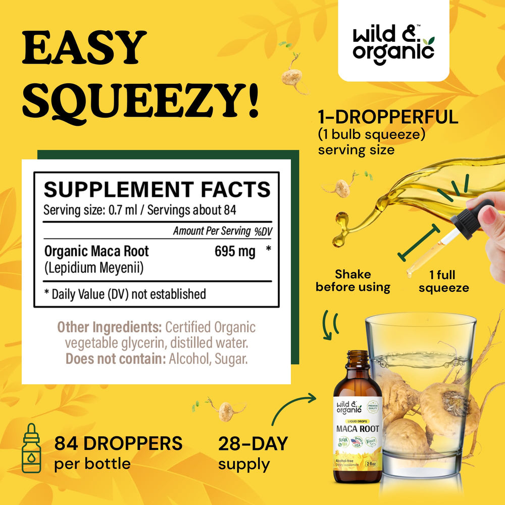Wild & Organic Maca Root Drops label view emphasizes GMO-free ingredients