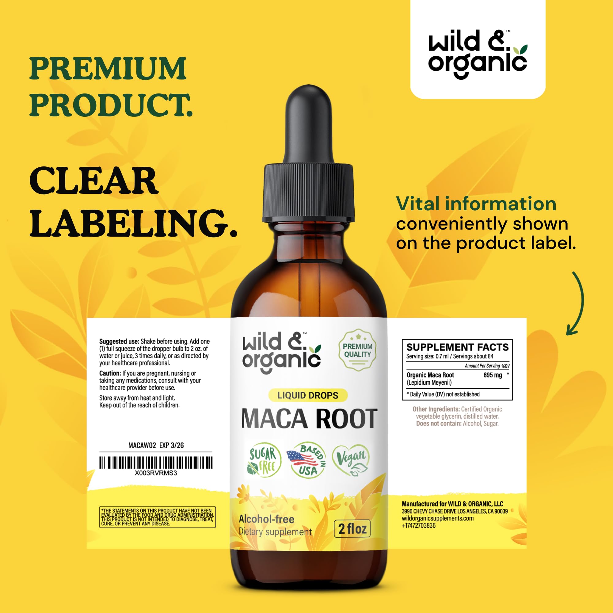 Wild & Organic Maca Root Drops packaging box shows product details