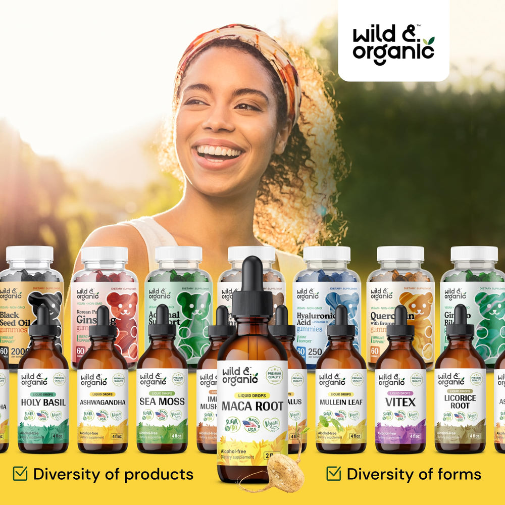 Wild & Organic Maca Root Drops vegan glycerin base highlights alcohol-free tincture