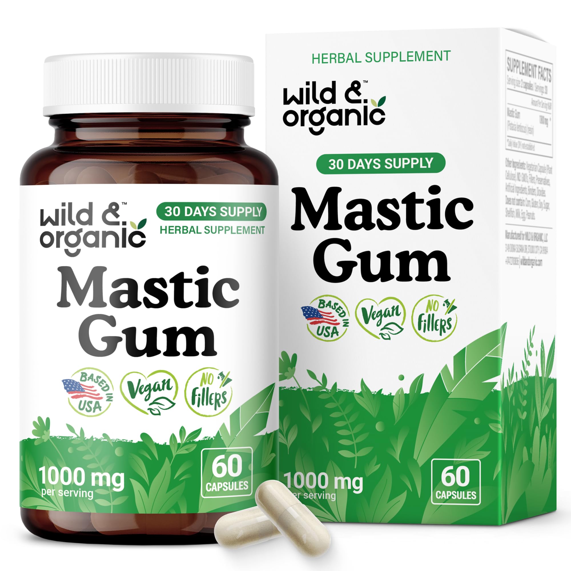 Wild and Organic mastic gum bottle with dosing for daily gut support.