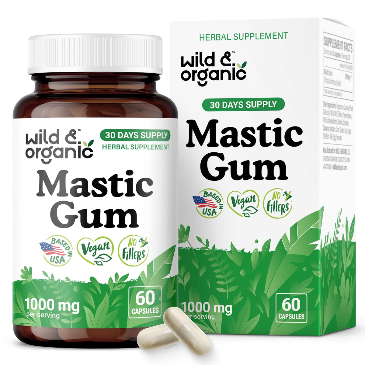 Wild and Organic mastic gum bottle with dosing for daily gut support.