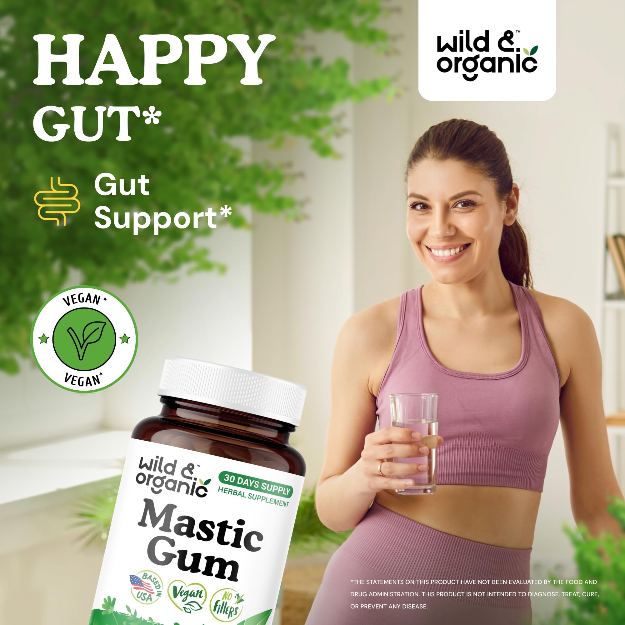 Wild and Organic mastic gum capsules close-up showing 1000 mg per capsule.