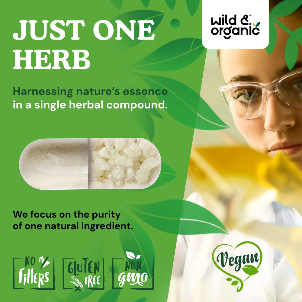 Wild and Organic mastic gum label shows gluten-free, non-GMO.