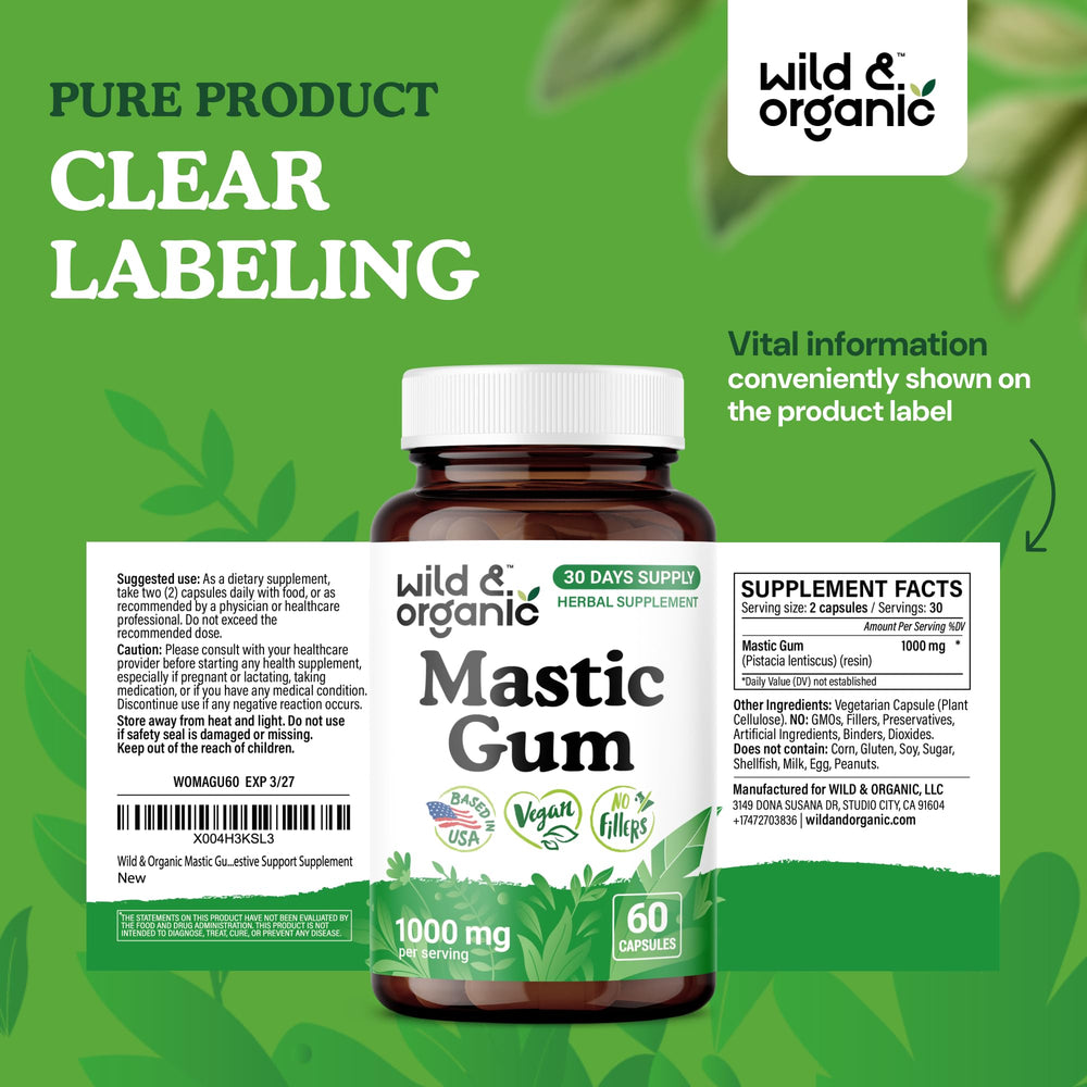Wild and Organic mastic gum capsules with plant-based coating for easy swallowing.